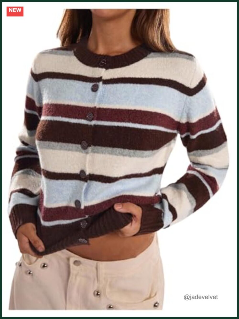 Women's Striped Color Block Cropped Cardigan Button Up Knit Sweater